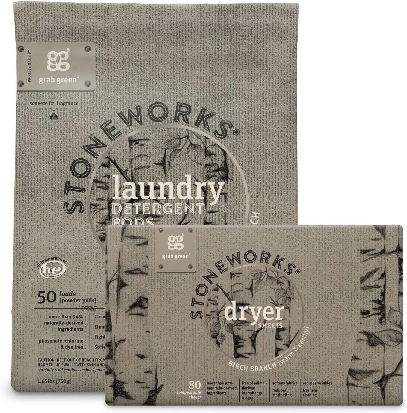 Grab Green Stoneworks Laundry Detergent Pods and Dryer Sheet Bundle, 50 Count Pods and 80 Dryer