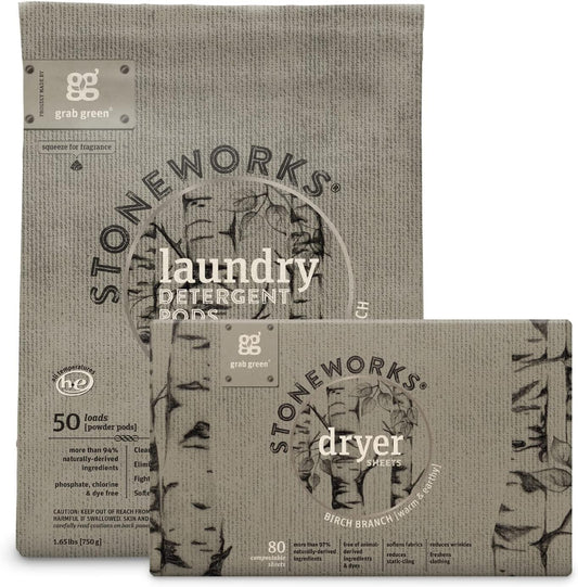 Grab Green Stoneworks Laundry Detergent Pods and Dryer Sheet Bundle, 50 Count Pods and 80 Dryer