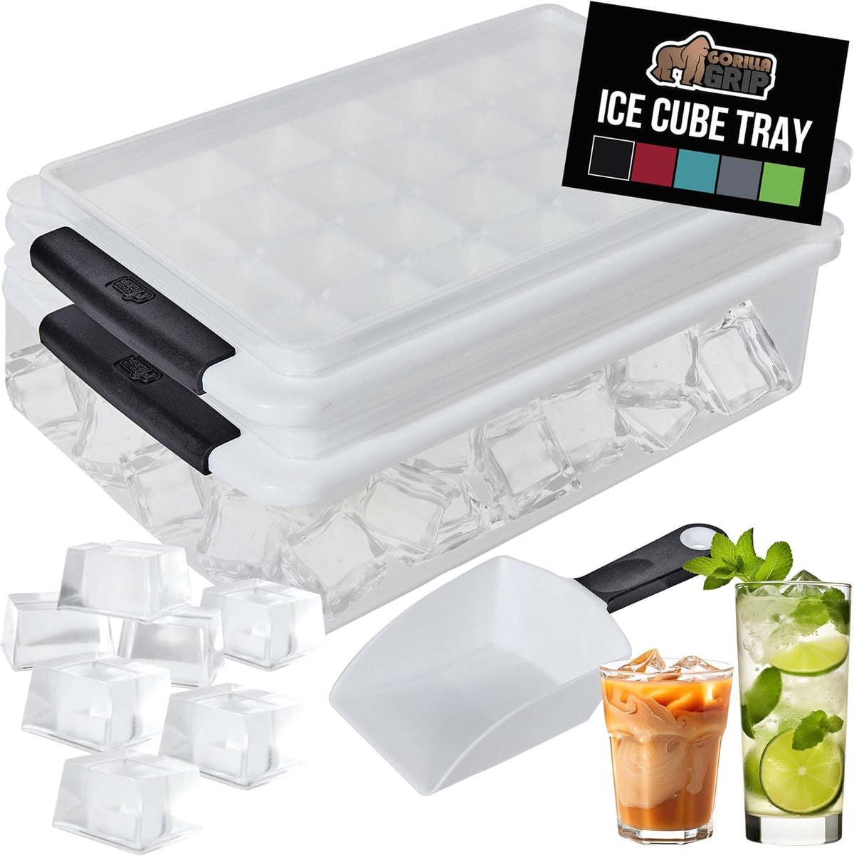 GORILLA GRIP Stackable Ice Cube Tray and Bucket Set for Freezer, Includes 2 Trays with Lid and