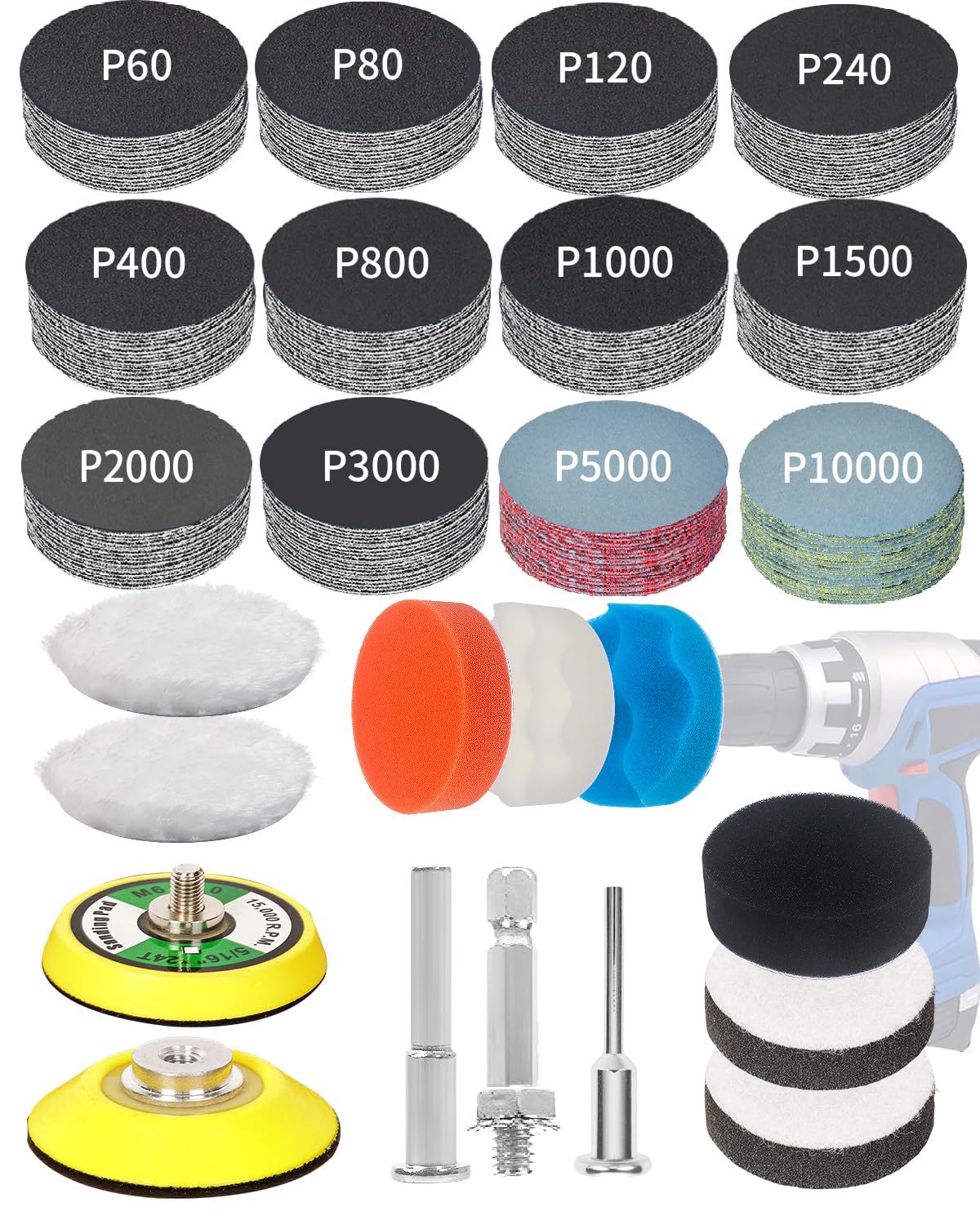 2 Inch Sanding Discs Drill Polishing Kit, 193PCS Car Headlight Restoration Kit, Hook & Loop Wet Dry