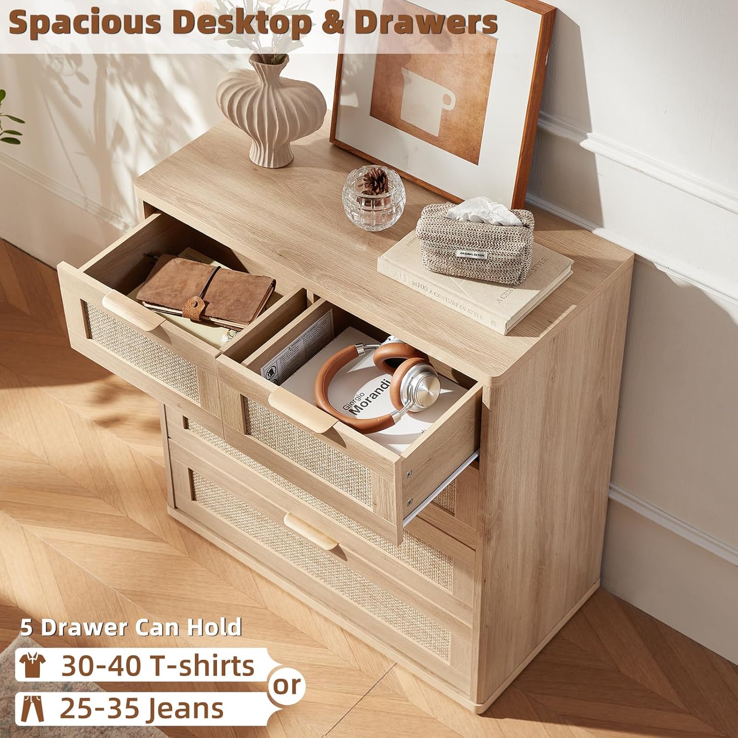 LEYAOYAO Rattan Dresser for Bedroom, 33.5" Tall Chest of Drawers, Modern 5 Drawers Boho Dressers