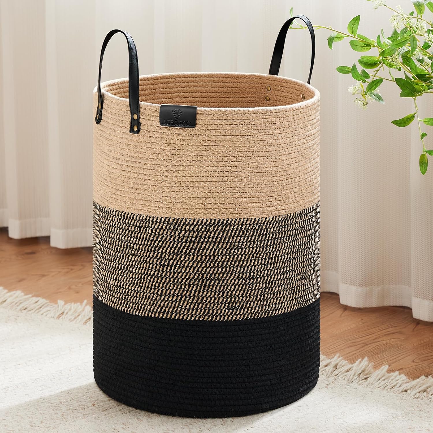 VIPOSCO Tall Laundry Basket, Large Dirty Clothes Hamper with Leather Handle, Woven Rope Storage