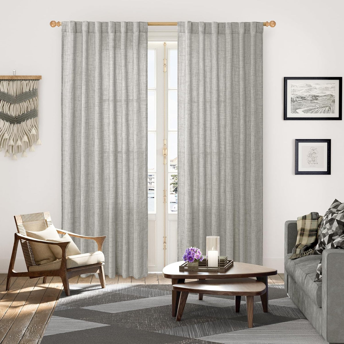 YoungsTex Dark Grey Linen Curtains 80 Inch Length for Living Room, Light Filtering Semi Sheer