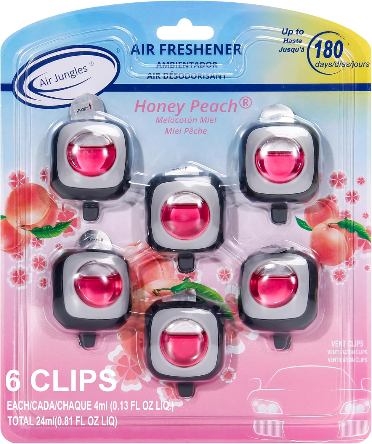 Air Jungles Honey Peach Scent Car Air Freshener Clip, 6 Vent Clips, 4ml Each, Long Lasting Air