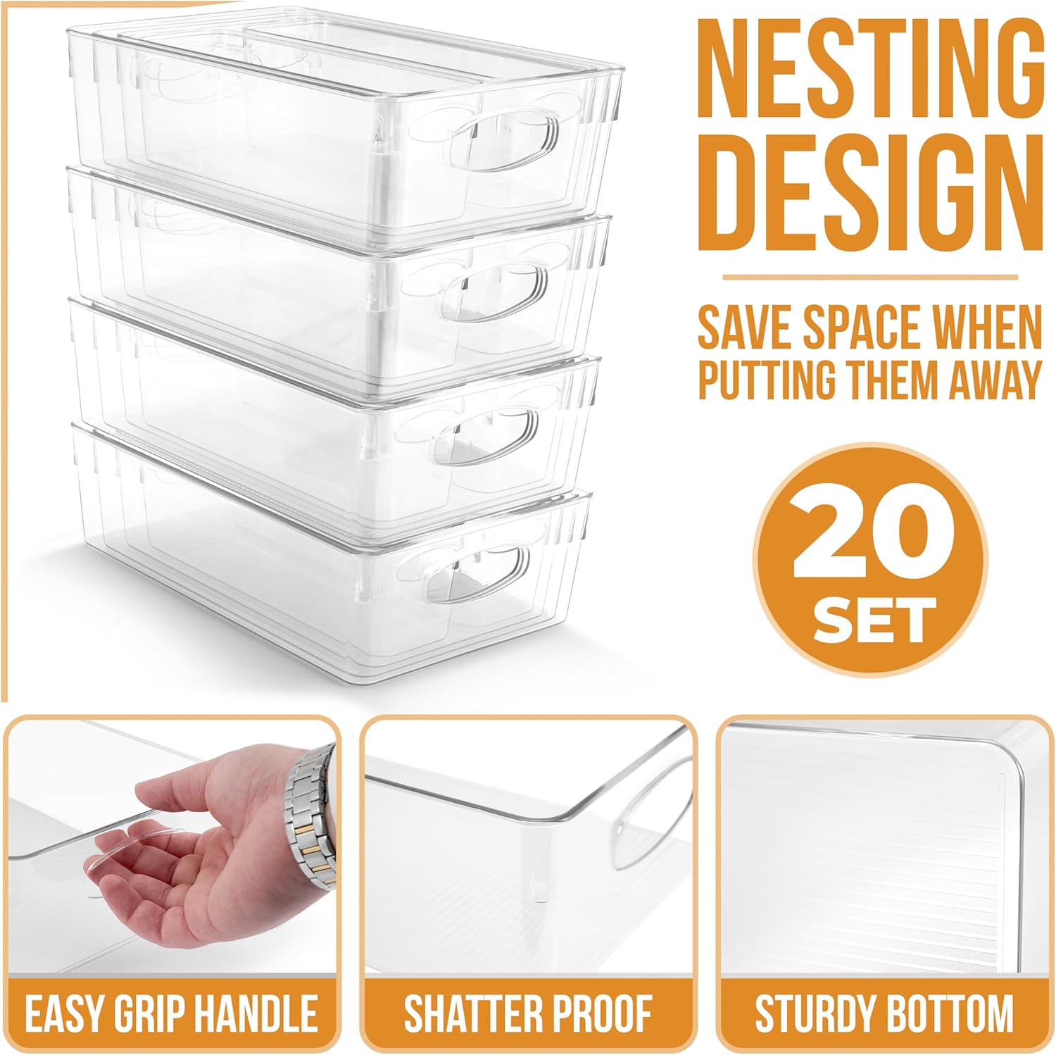 Sorbus Clear Plastic Storage Bins for Organizing, 20 Pack Clear Organizer Bins with Handles