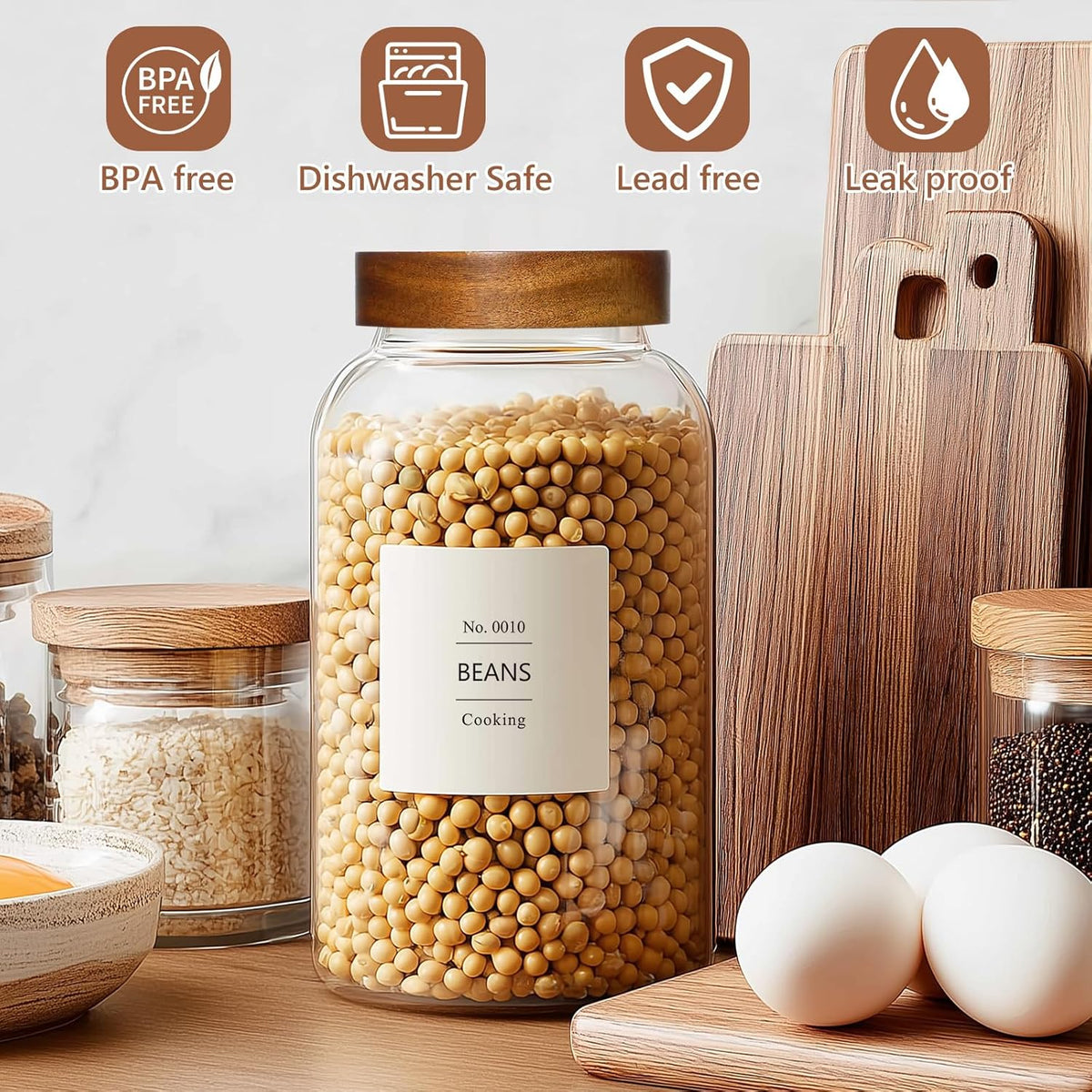 KEYWING 88oz Large Glass Jars with Airtight Acacia Wood Lids, Set of 3 Food Storage Containers for