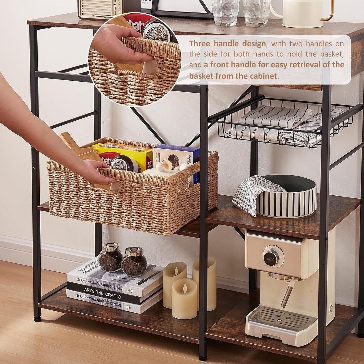 OIAHOMY Wicker Basket, Paper Shelf Basket with Built-in Handles, Rectangular Wicker Storage Bin for