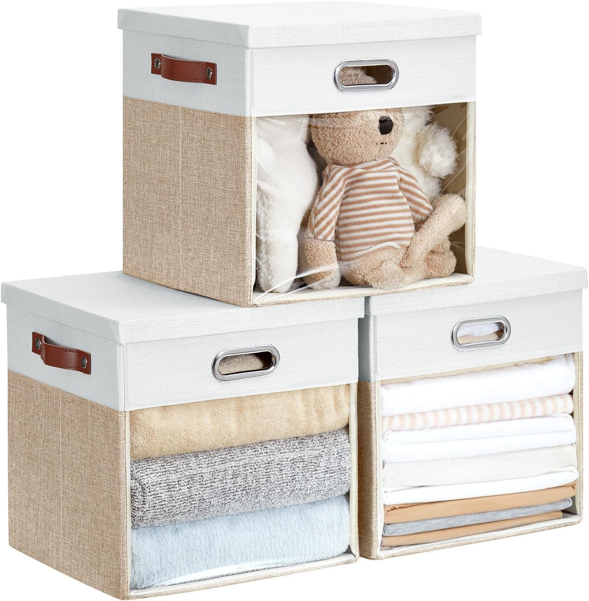 Fabric Storage Cubes with Clear Windows and Lids, 13'' Foldable Storage Bins with 3 Handles