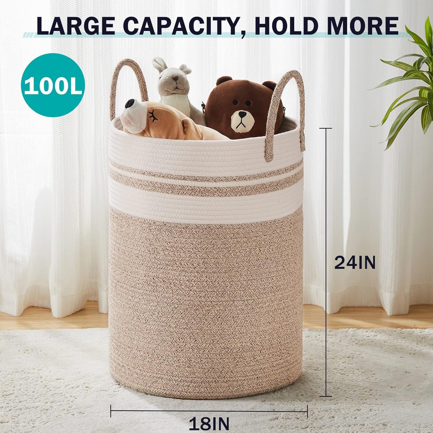 YOUDENOVA Woven Rope Laundry Hamper Basket, 100L Tall Laundry Basket, Baby Nursery Hamper for