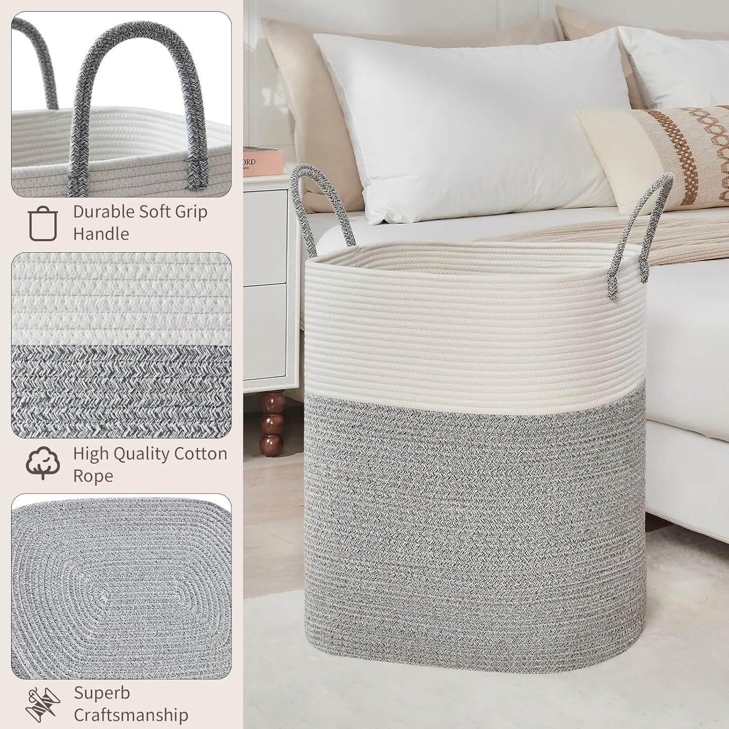 Laundry Basket with Handles - Blanket Basket & Hampers for Bedroom Aesthetic, Laundry Hamper &