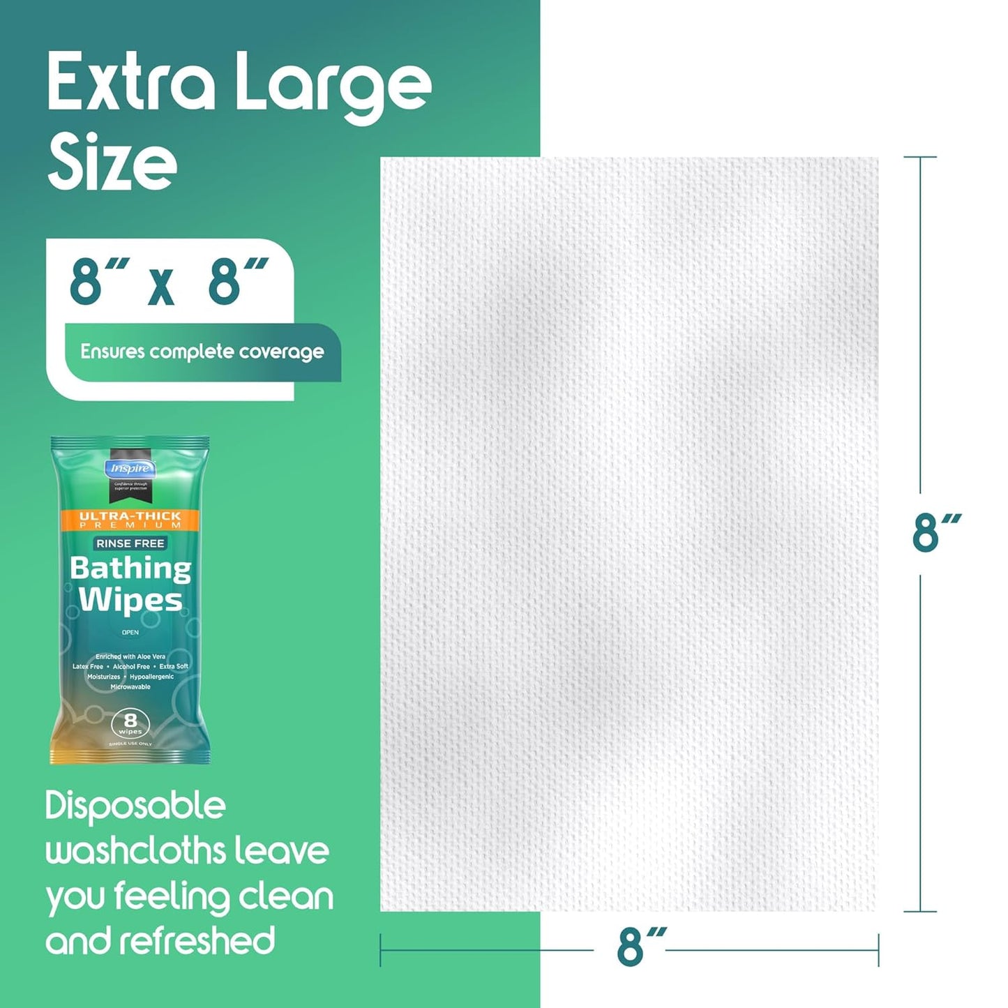 Inspire Ultra Thick Rinse-Free Bath Towels | Shower Towels - Flush-Free Wet Wipes with Aloe | Thick