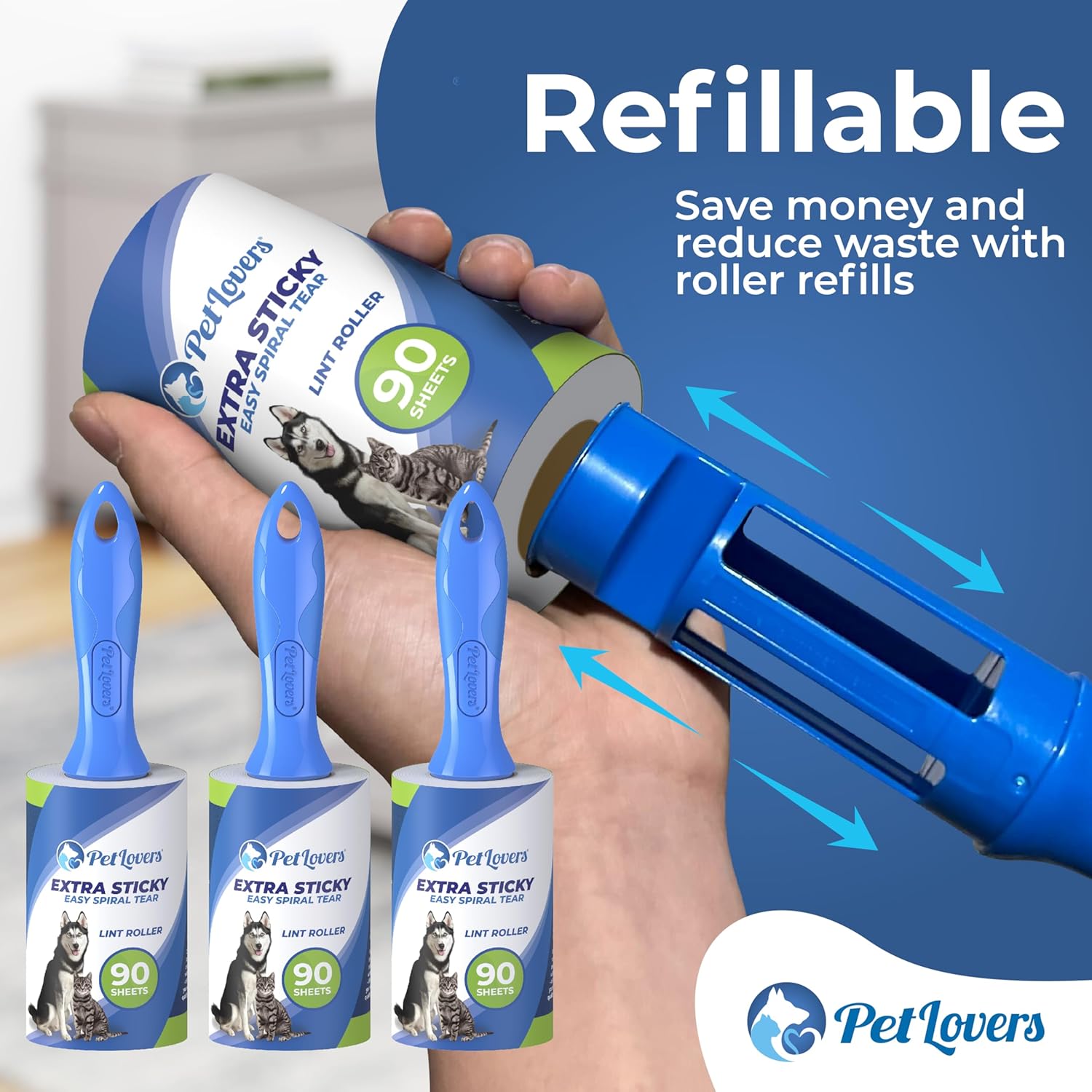 PetLovers Extra Sticky Lint Roller Value Set 270 Sheets for Pet Hair Removal and Clothes, Dog and