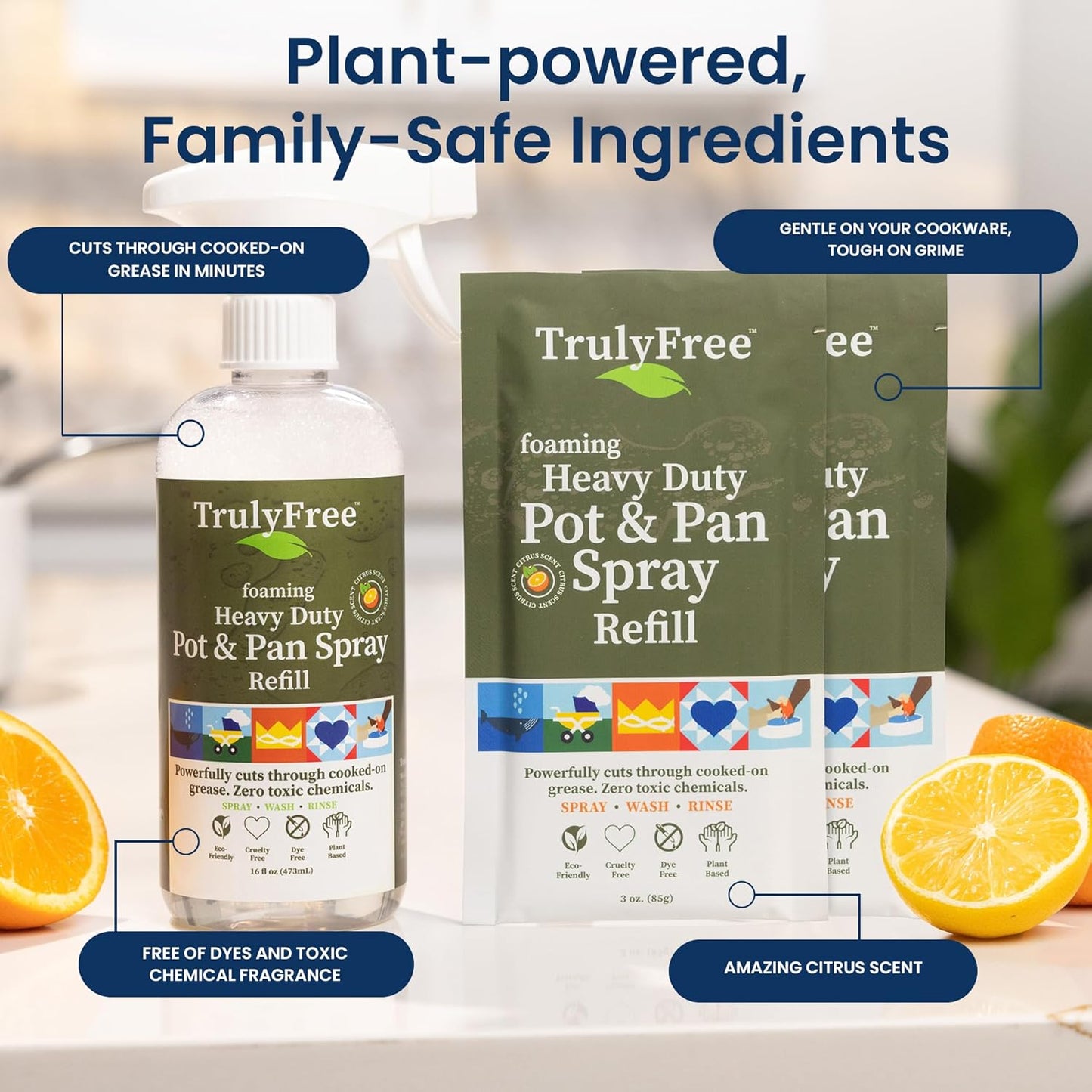 Truly Free Heavy Duty Pot & Pan Spray - Powerful Foaming Grease Remover, Multi-Purpose Kitchen