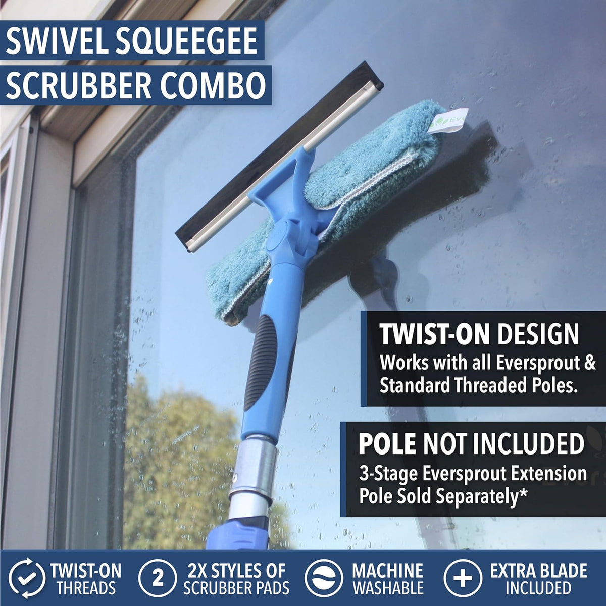 EVERSPROUT Swivel Squeegee & Microfiber Glass Window Scrubber, Light-Weight Window Cleaning Kit