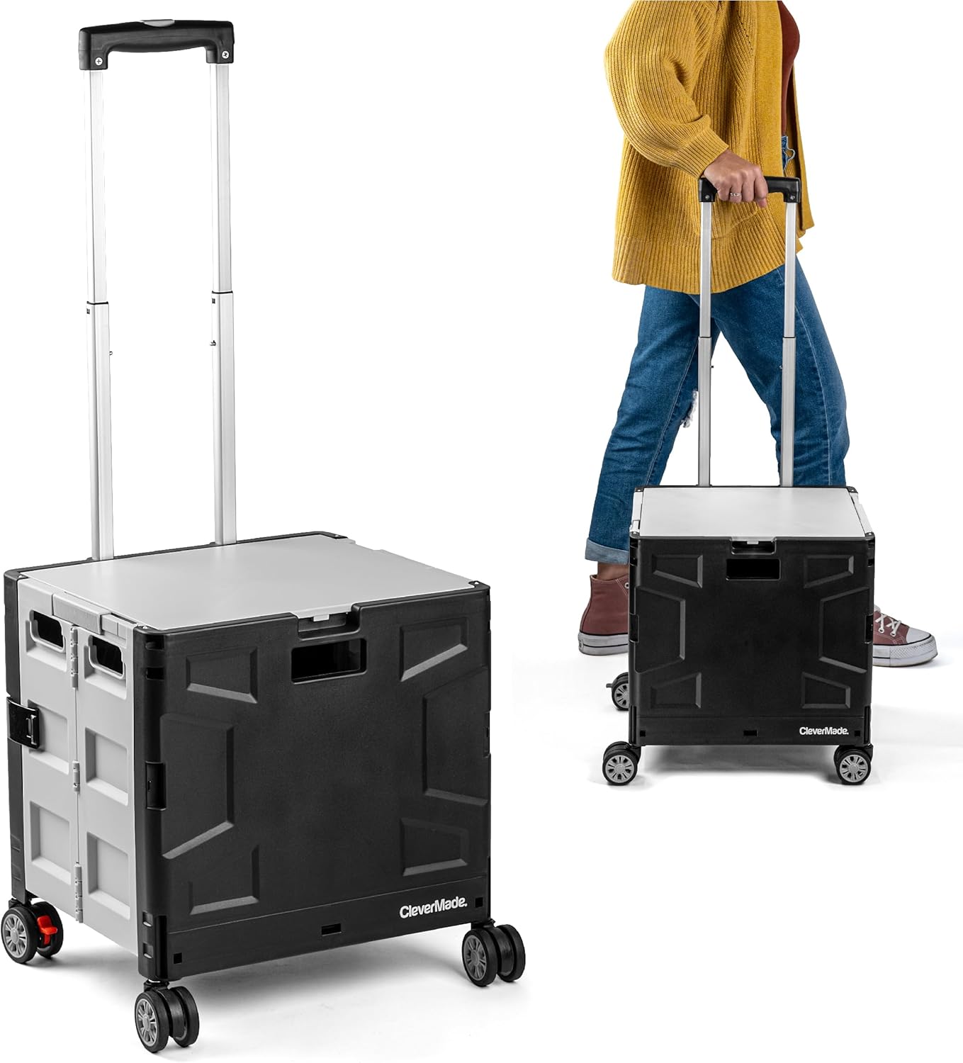 CleverMade Collapsible Wheeled Crate with Lid, 4-Wheels - Swivel and Glide Rolling Crate with
