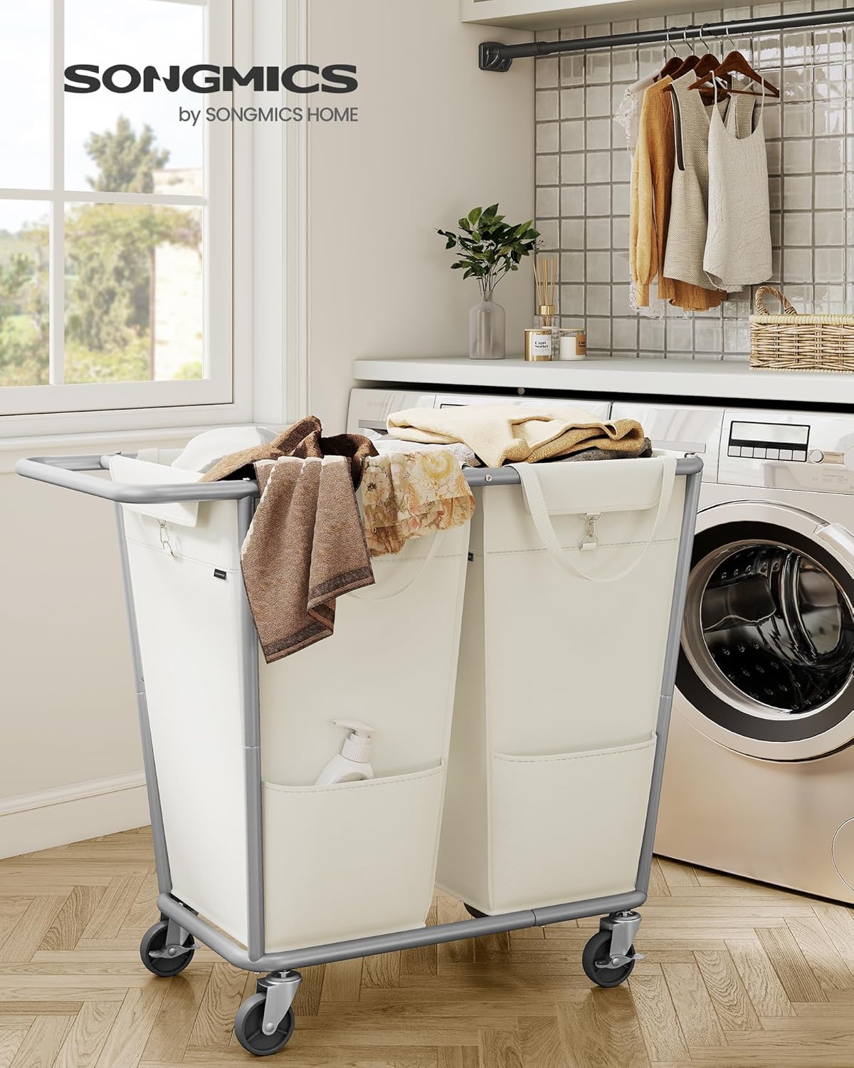 SONGMICS Laundry Basket with Wheels, 50.2 Gallons (190 L), 2-Section Rolling Laundry Hamper with