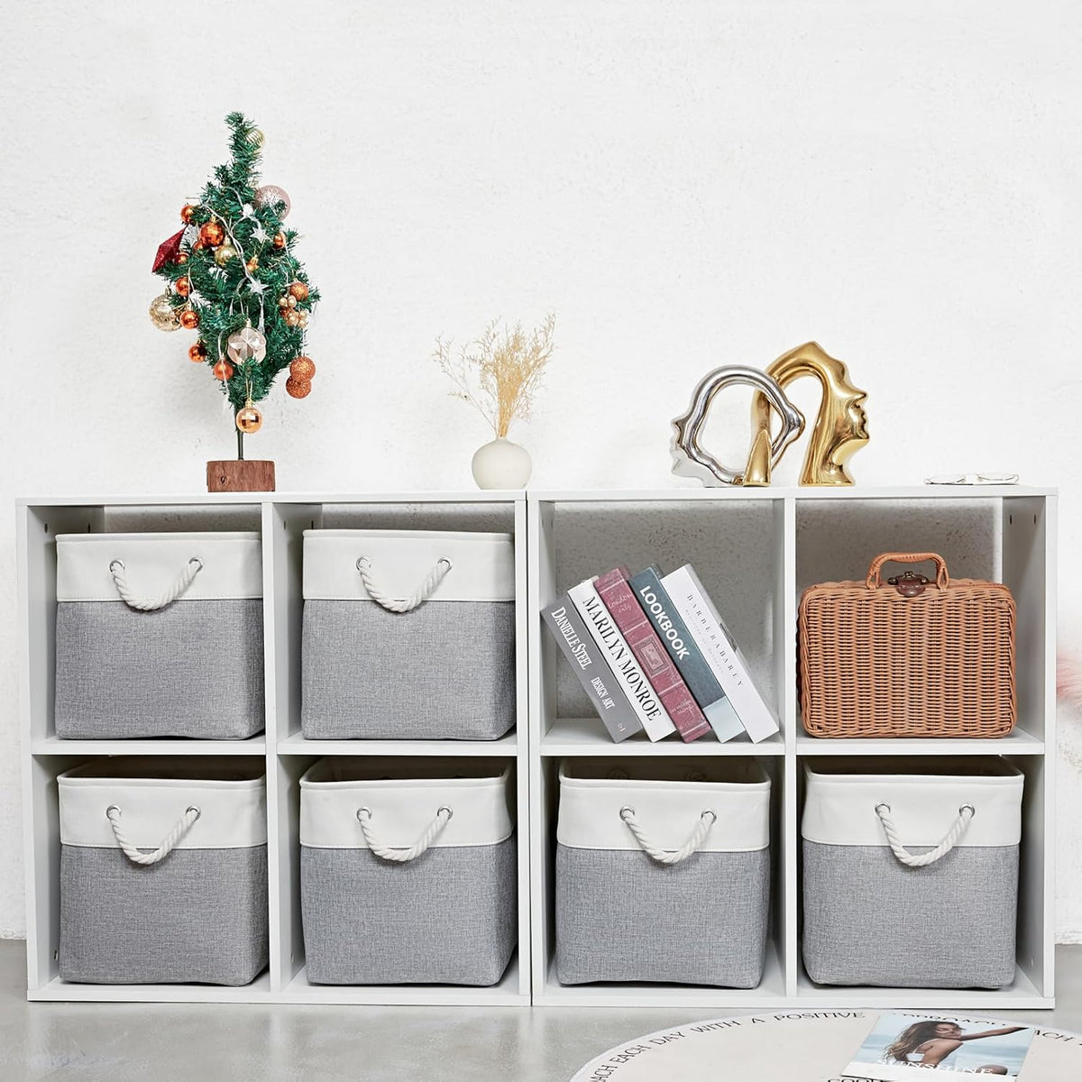 12 x 12 Inch Cube Storage Bins, 6 Pack Large Collapsible Fabric Storage Bin with Ropes, Foldable