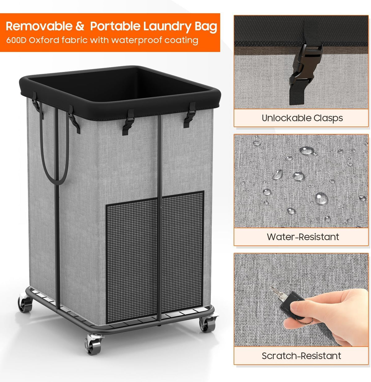 150L Laundry Hamper with Wheels, Rolling Laundry Basket with Metal Frame and Removable Bag, Large &