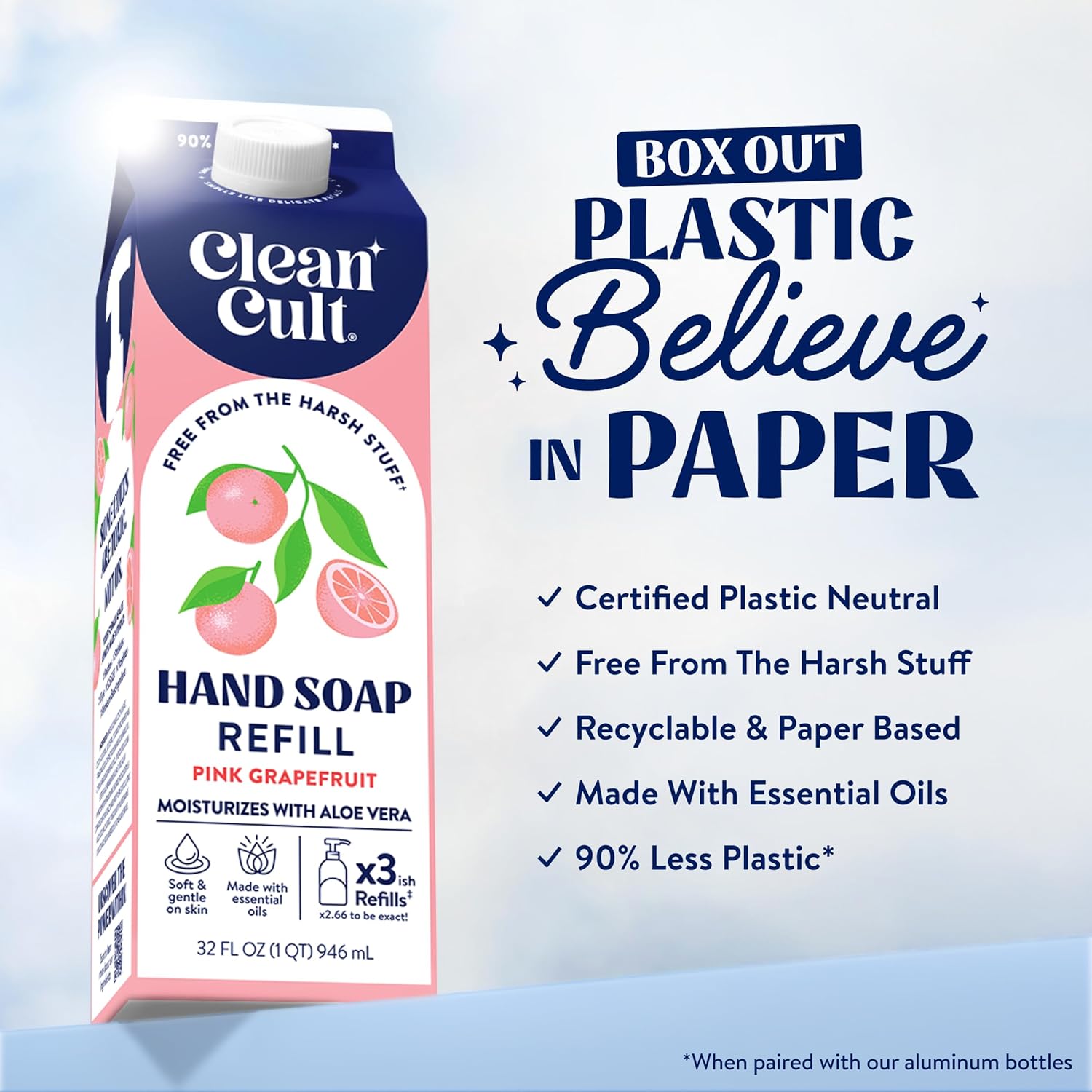 Cleancult Liquid Hand Soap Refill - Pink Grapefruit- Moisturizes Dry & Sensitive Skin - Made with
