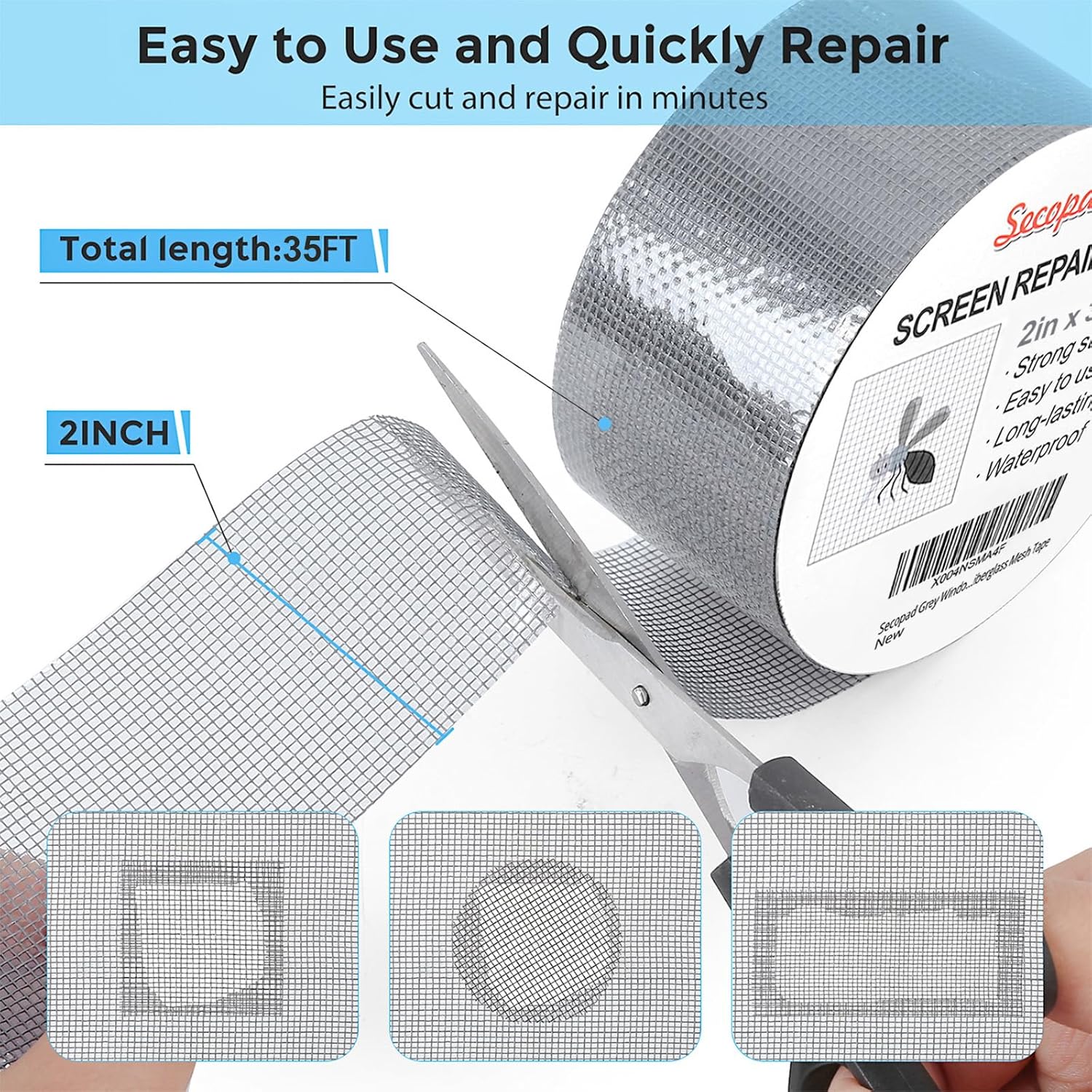 Grey Window Screen Repair Tape, 2IN X 35FT (420IN) Screen Repair Kit for Windows or Doors, Strong