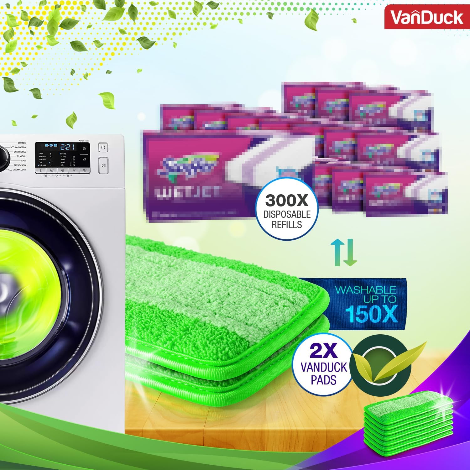 VanDuck Reusable Mop Pads Compatible with Swiffer WetJet (2 Pack) - Microfiber Mop Refill for Wet