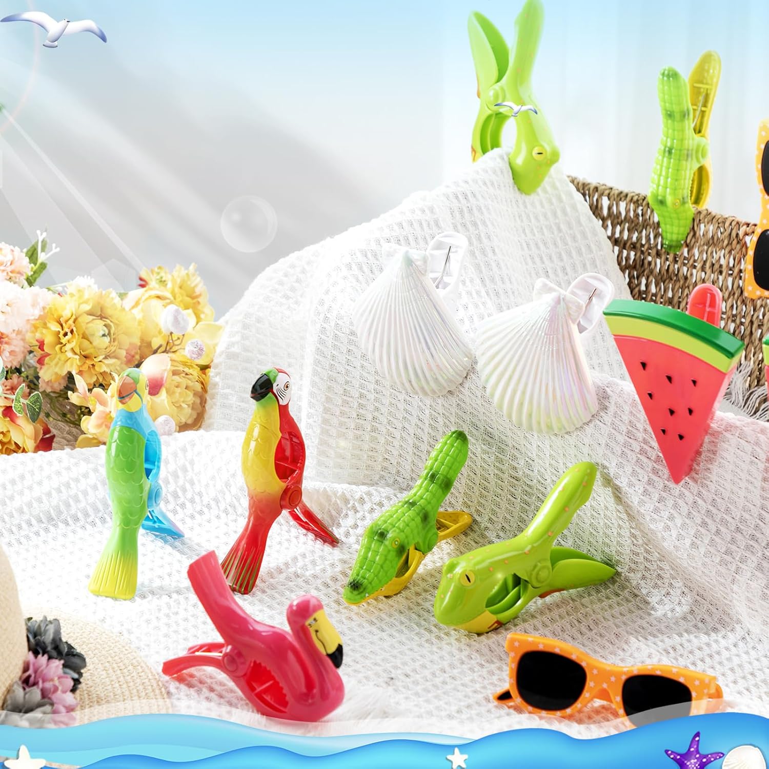 Rtteri 16 Pcs Beach Towel Clips for Beach Chairs Cute Towel Holder Cruise Clothes Pins for Lounge