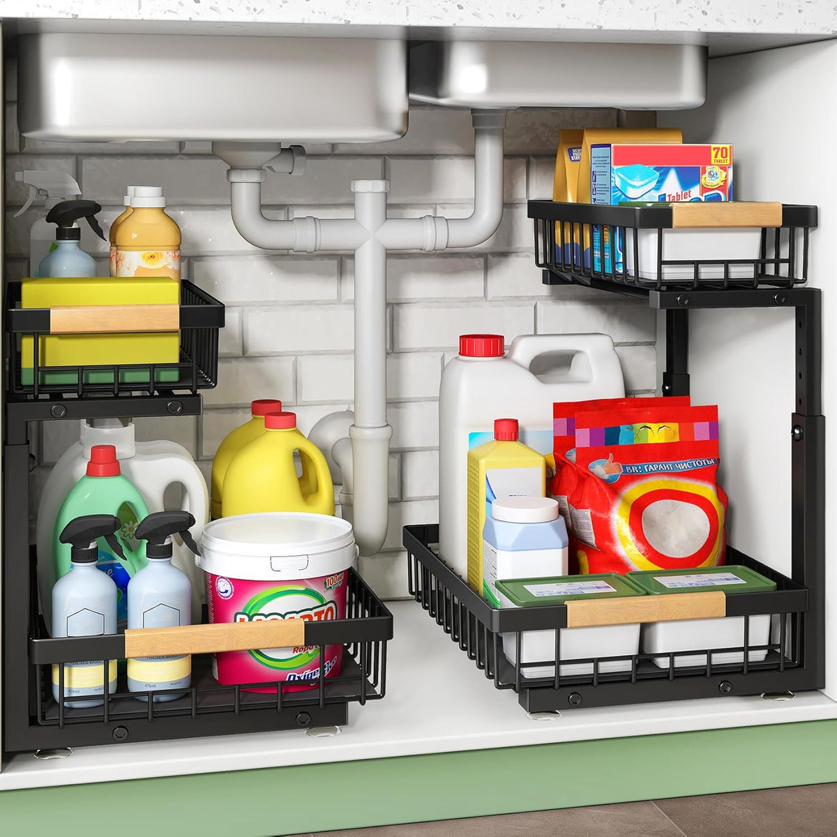 Pull out Cabinet Organizer, 2 Tier Under Sink Organizer, Slide out Metal Kitchen Cabinet Organizers