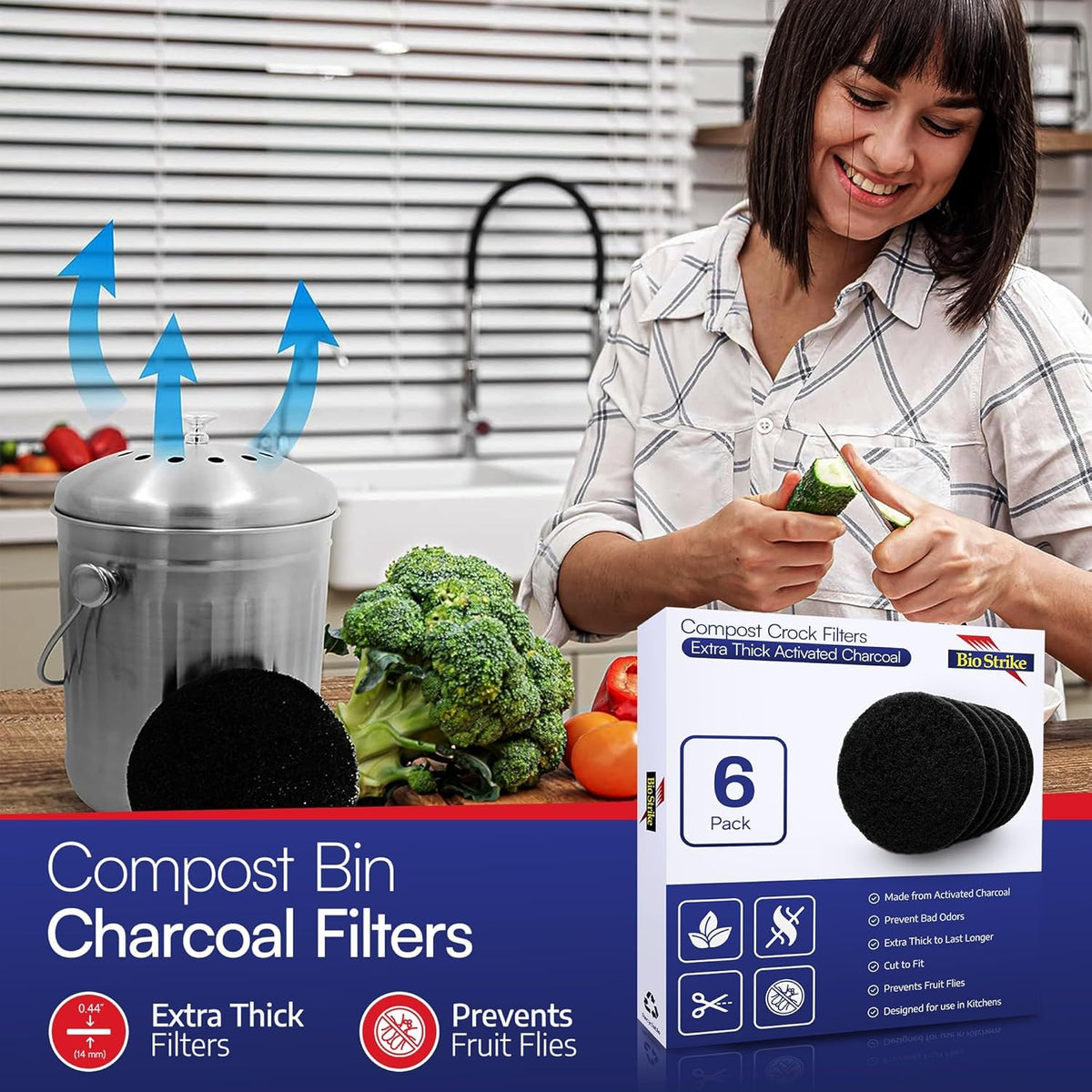 BioStrike Activated Carbon Filter Discs for Kitchen Compost Bin - Odor-Absorbing Charcoal for