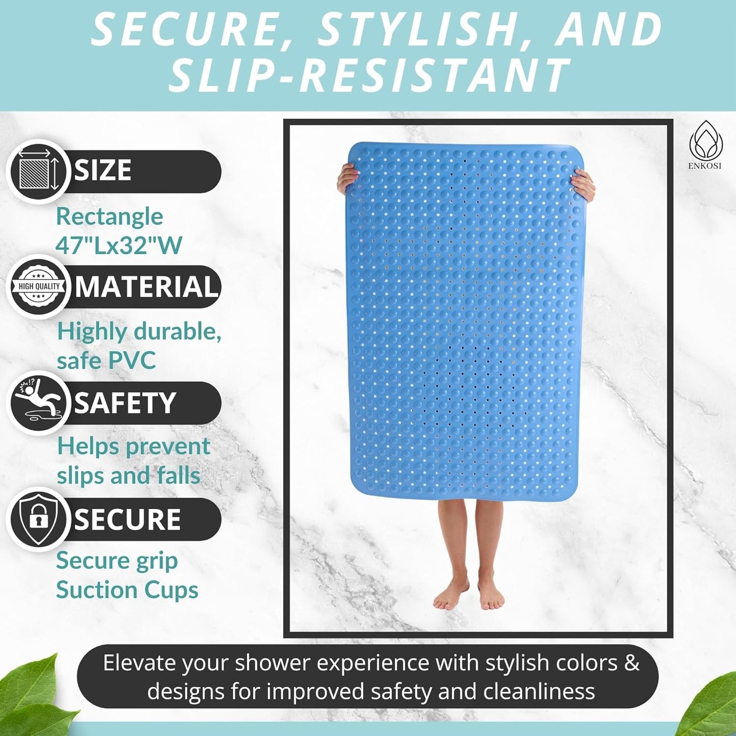 ENKOSI Extra Large Shower Mat Non Slip - 47 x 32 inch - XL Bathroom Shower Mat - Large Shower Matts