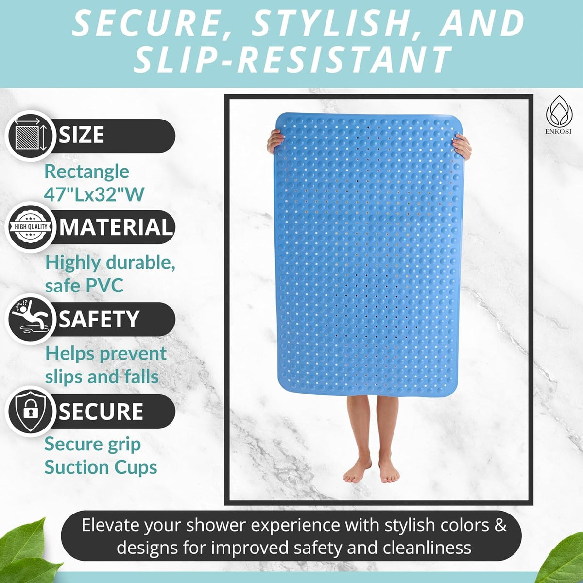 ENKOSI Extra Large Shower Mat Non Slip - 47 x 32 inch - XL Bathroom Shower Mat - Large Shower Matts