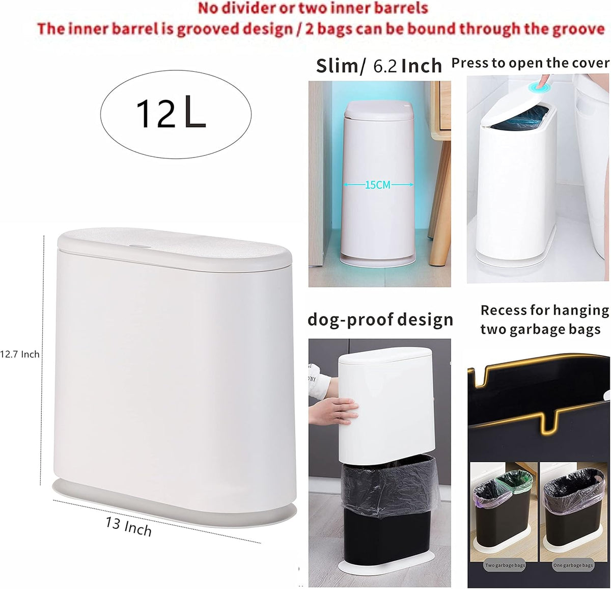 White Slim Bathroom Trash Can with Press Top Lid,12 Liter Small Thin Garbage Can,3.17 Gallon Narrow