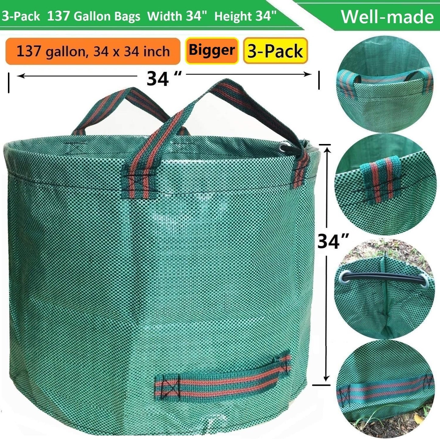 Professional 3-Pack 137 Gallon Lawn Garden Bags (D34, H34 inches) Big Yard Waste Bags with Garden