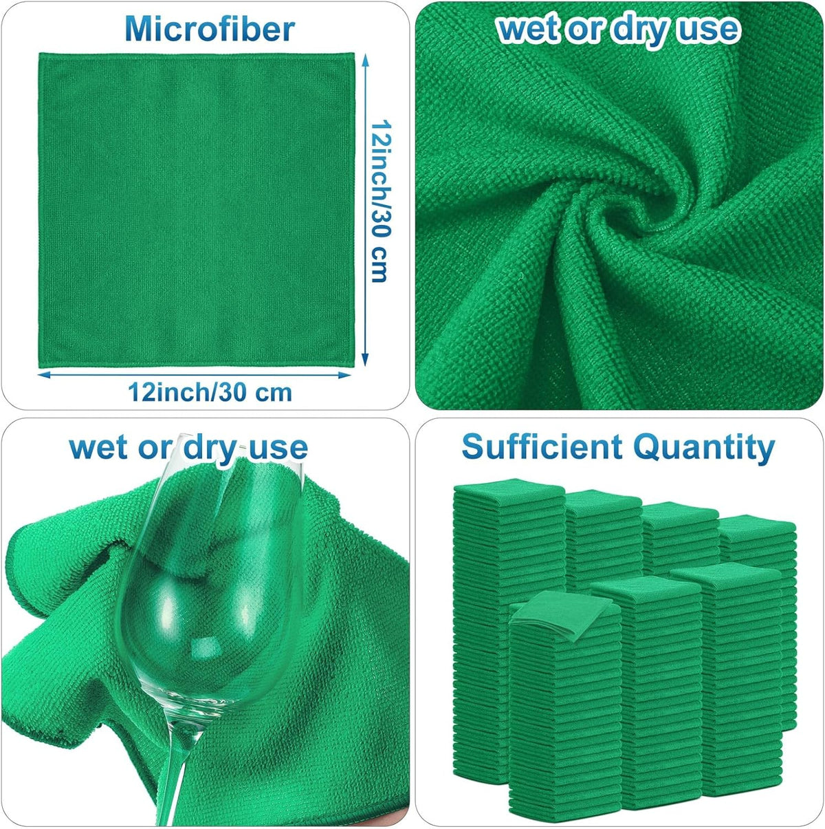 Tenare 100 Pack 12'' x 12'' Microfiber Cleaning Cloths Reusable Cleaning Rags Bulk Microfiber