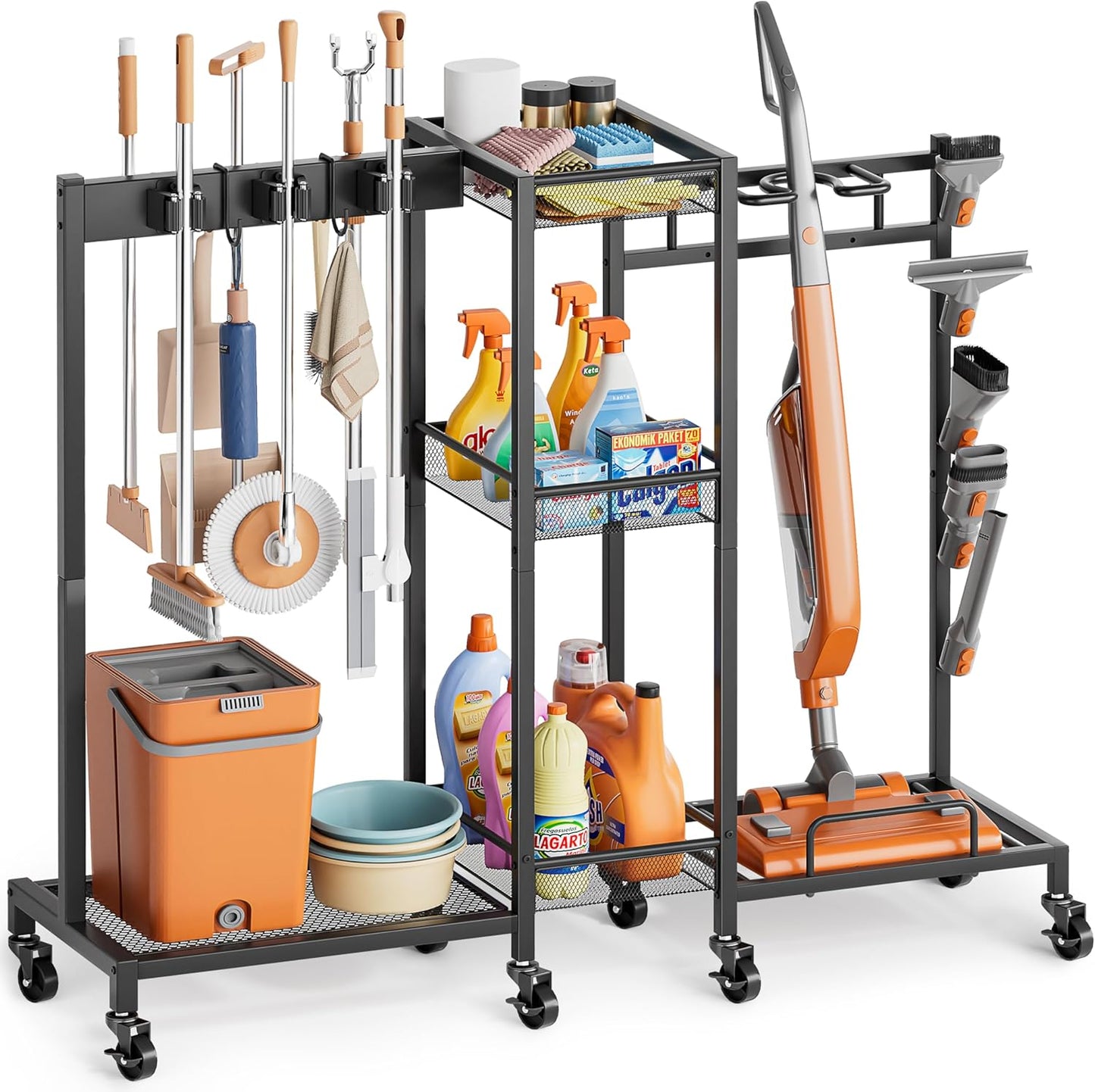 Broom Holder with Cleaning Supplies Organizer, Broom Closet Storage Cabinet with Cleaning Caddy