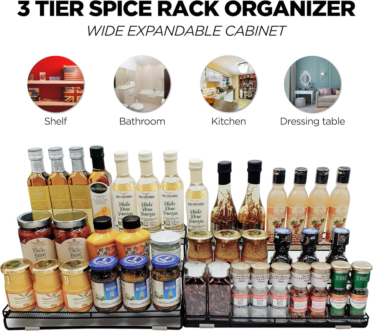 3 Tier Wide Expandable Cabinet Spice Rack Organizer (14.5" to 29.1") - Step Shelf with Protection