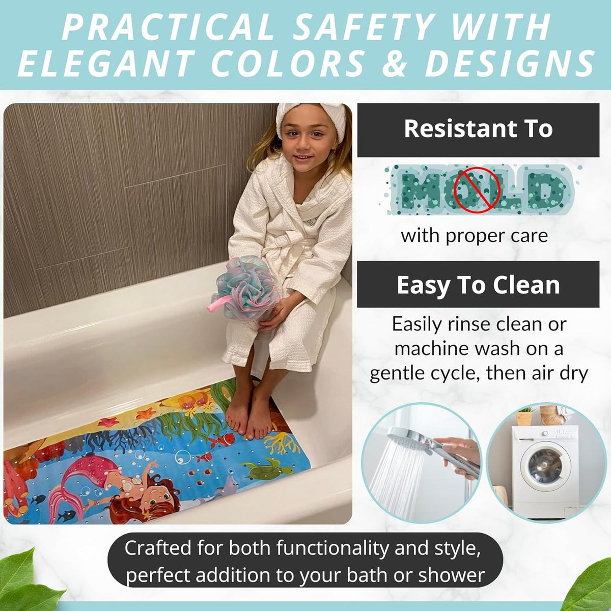 Mermaid Bath Mat - Bath Grips for Tub Kids - Anti Slip Bath Mat for Kids - Bath Mat for Baby - Bath
