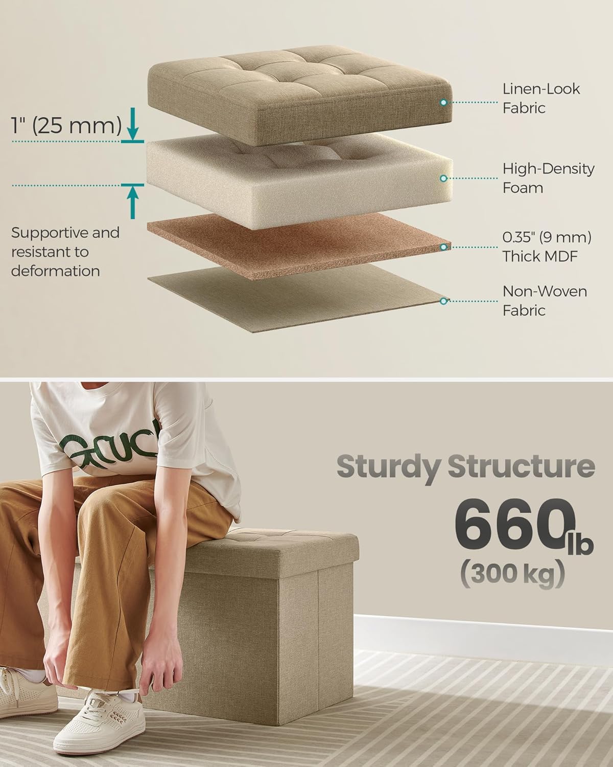 SONGMICS Mazie Collection - 30 Inches Storage Ottoman, Foldable Storage Bench with Flipping Lid