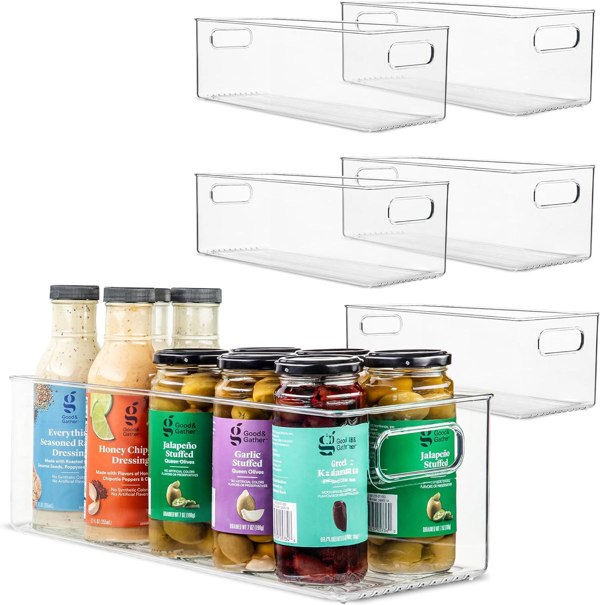 Plastic Food Storage 6 Pack Clear Container Bin with Handles for Organizing Kitchen, Pantry