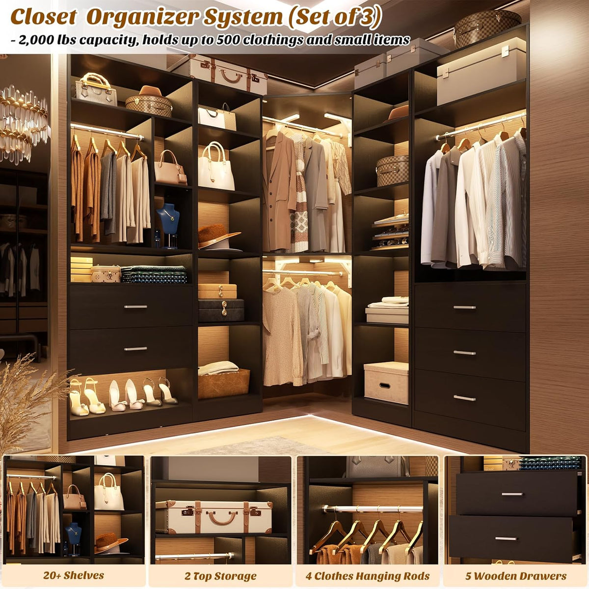 Corner Closet System with 5 Drawers, Closet Organizer System with 15+Shelvess & 4 Hanging Rods