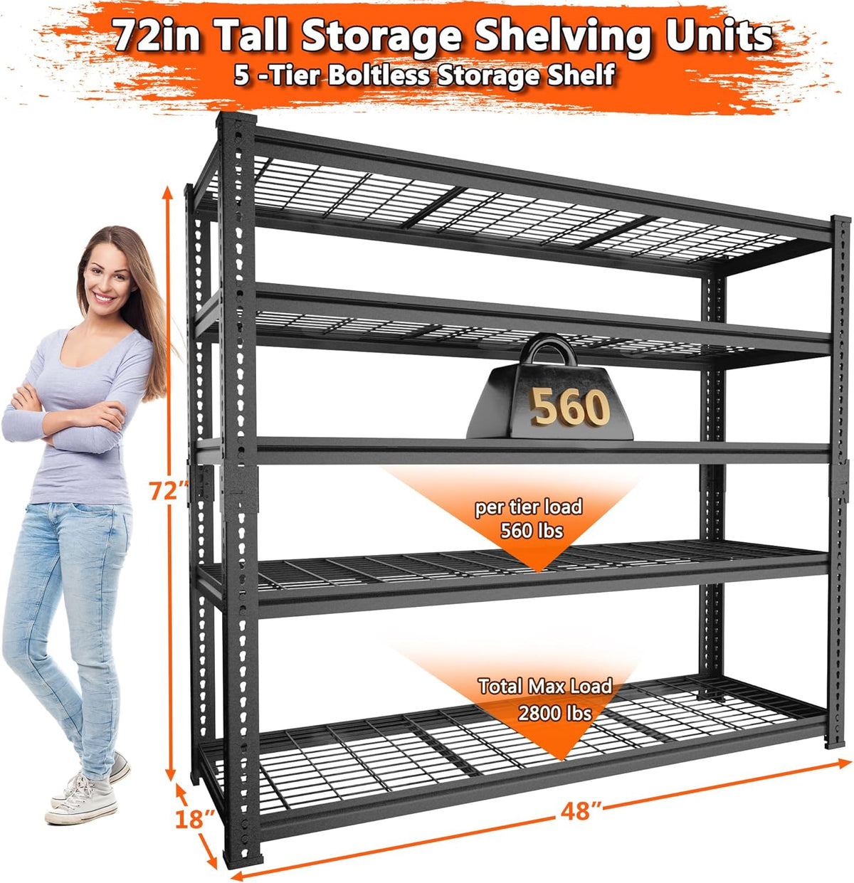 Storage Shelves Heavy Duty, 2 PCS 48" L x 18" W x 72" H Garage Wire Shelving Unit Loads 2800LBS