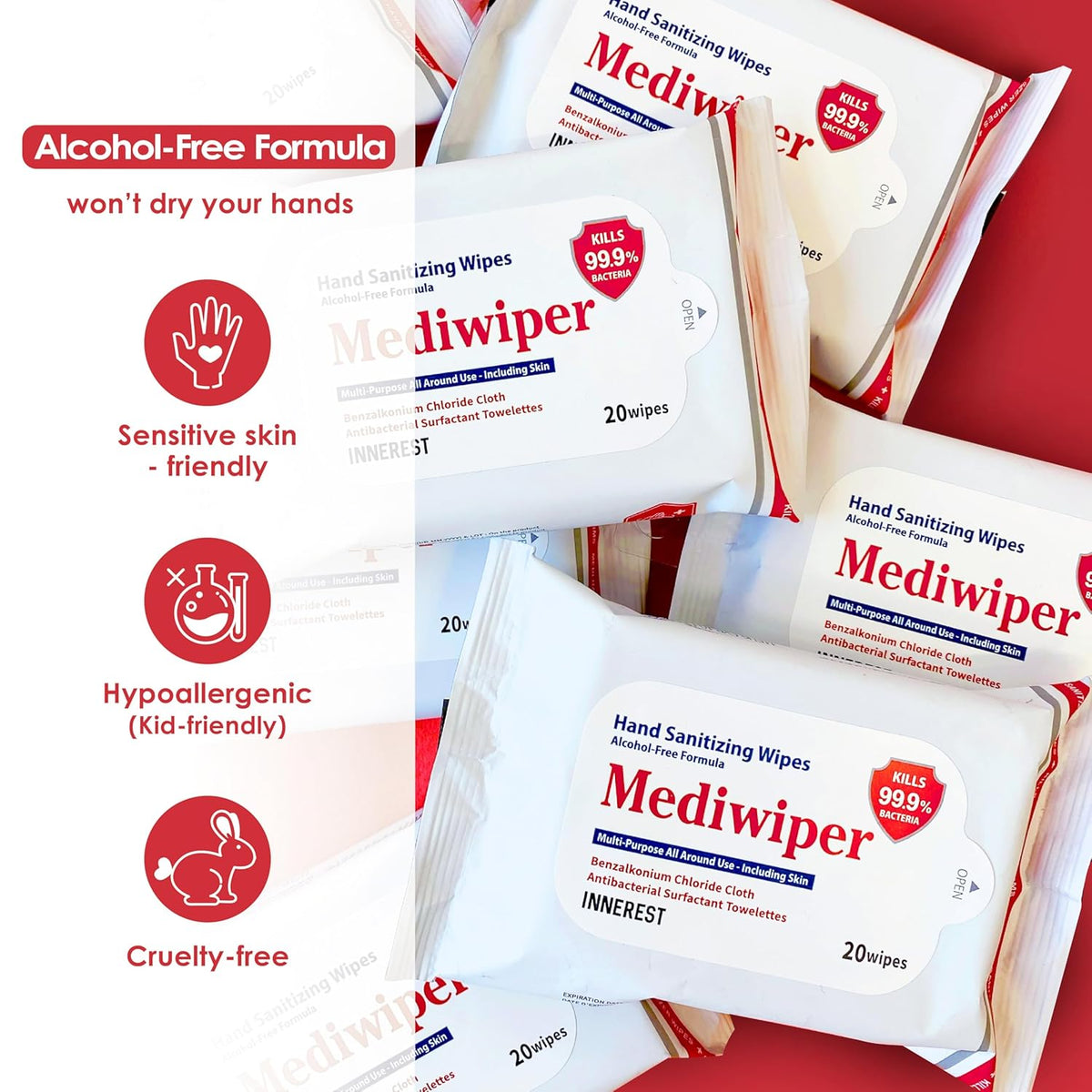 Mediwiper 20 Count Alcohol-Free Sanitizing Wipes Disinfecting Large Unscented Wet Wipes Bulk, Hand