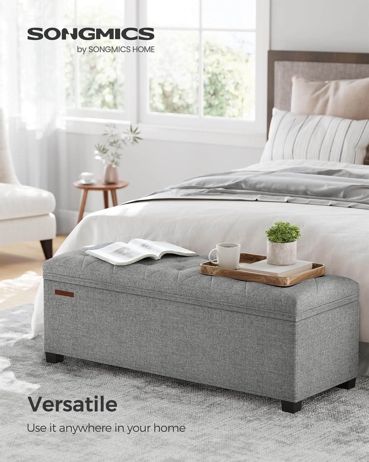 SONGMICS Storage Ottoman Bench, Foot Rest with Legs, 15.7 x 43.3 x 15.7 Inches, End of Bed Bench