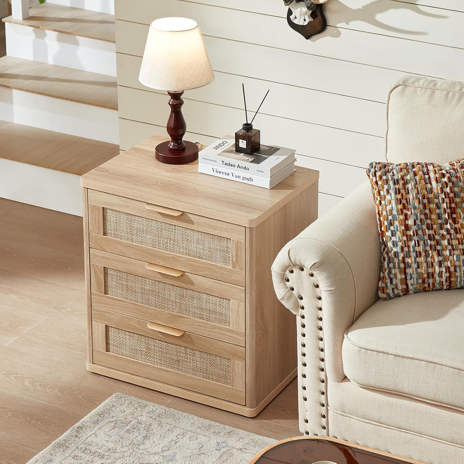 LEYAOYAO Rattan Night Stand Set of 2 with Drawers, 23" Large 3 Drawer Boho Nightstand, Natural Wood