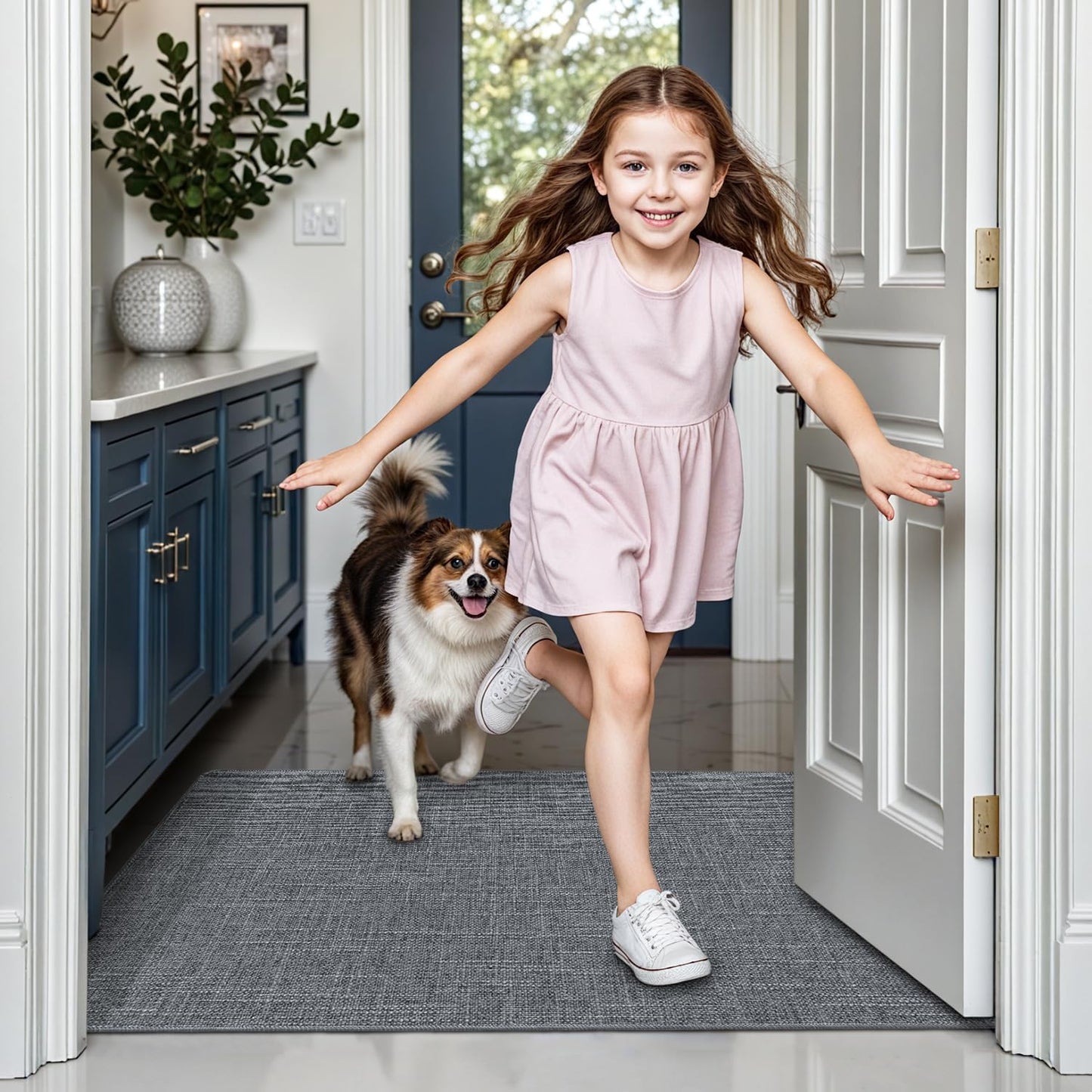 LUMI Ultra Thin Door Mat for Entryway, Low Profile Non Slip Rubber Backing Indoor Doormat, Easy