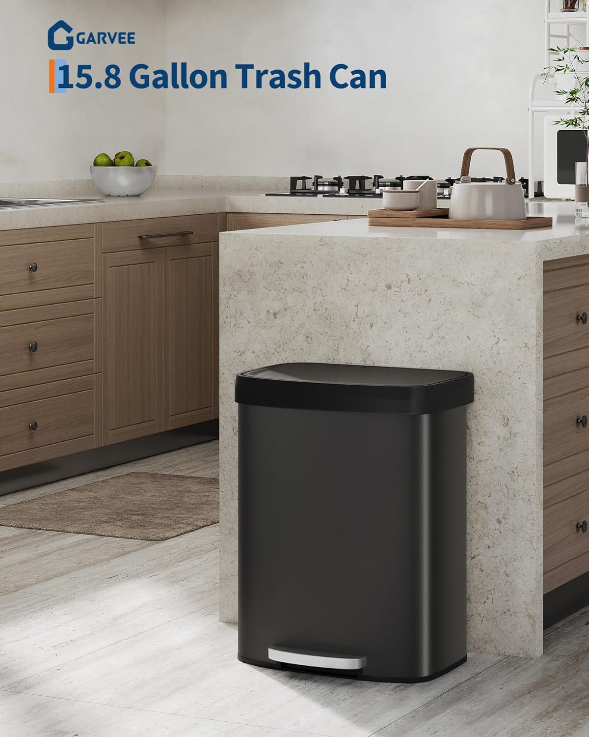 Garvee 16 Gallon / 60 Liter Metal Trash Can with Lid, Large Garbage Can for Kitchen, Rustproof