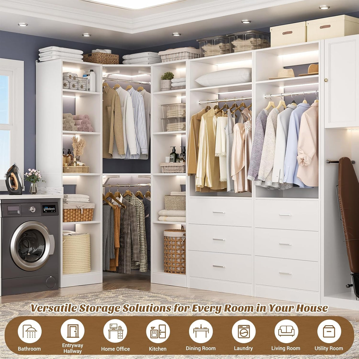 Corner Closet System with 6 Drawers, Closet Organizer System with 14 Shelves & 4 Hanging Rods