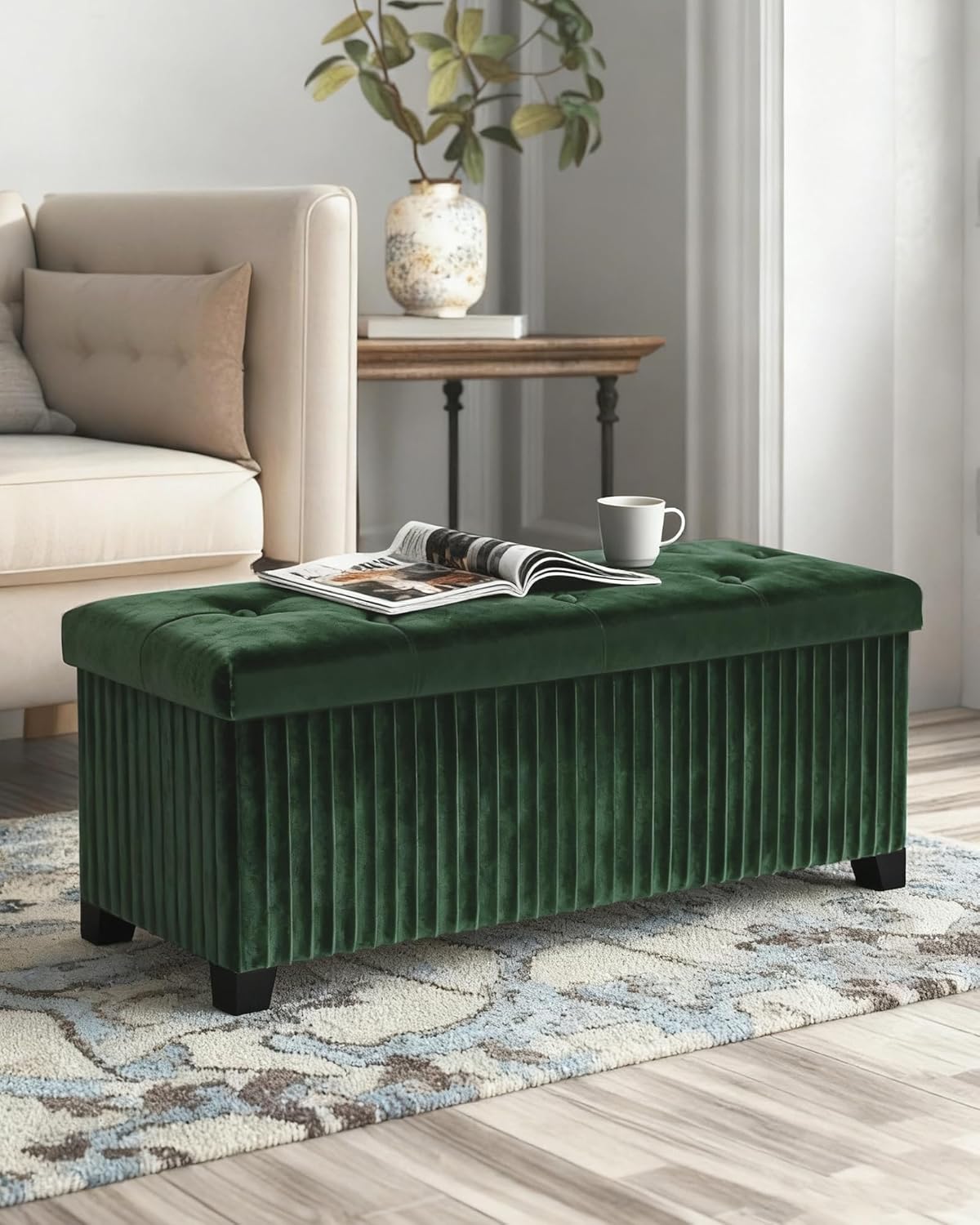 Storage Ottoman Bench, 43 Inch Foldable Ottoman with Legs, Velvet Foot Rest Stool, End of Bed