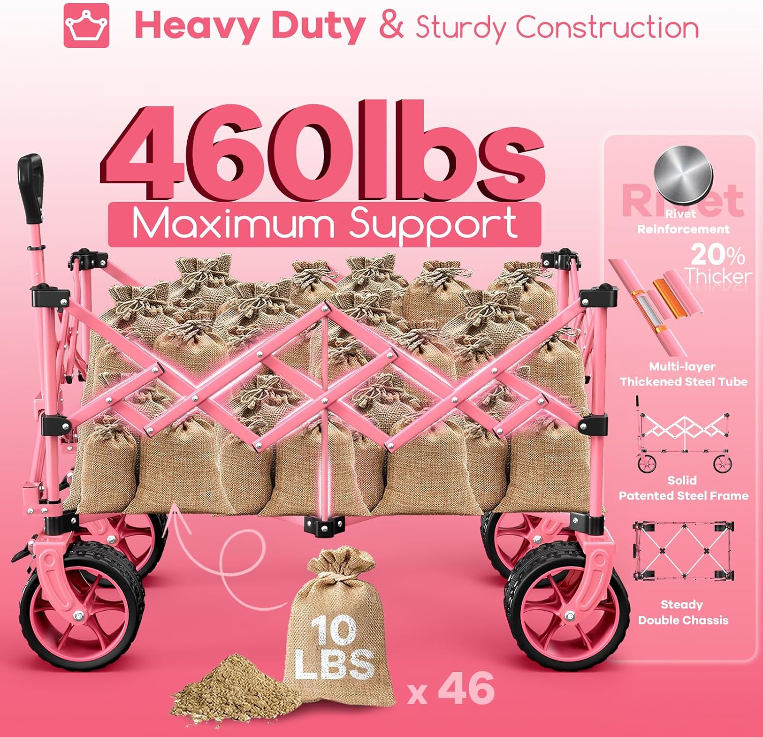 220L Collapsible Wagon Cart Foldable, 460lbs Load Capacity Heavy Duty Folding Beach Wagons with Big