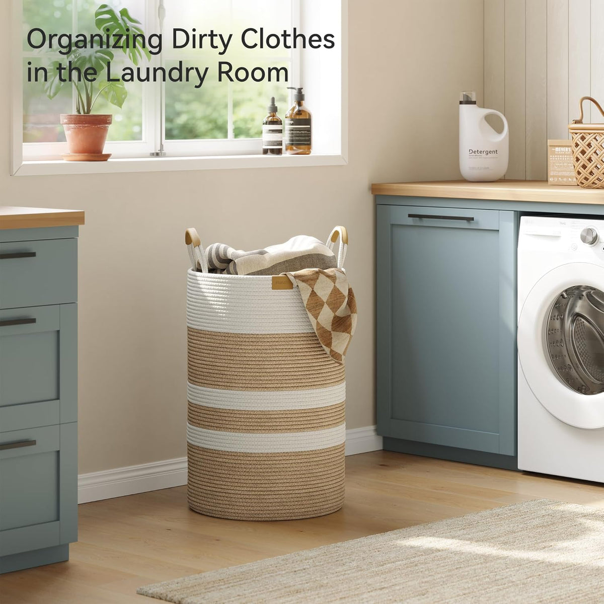 75L Striped Laundry Hamper with Leather Handles,Large Foldable Laundry Basket for Clothes,Cotton