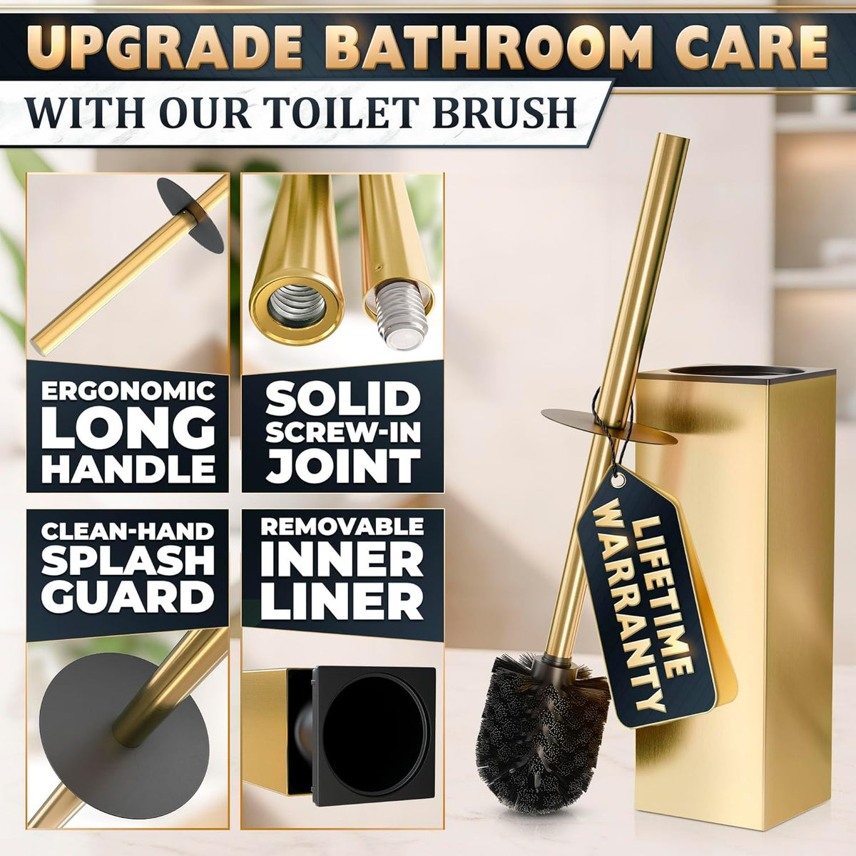 Stainless Steel Toilet Brush and Holder Set Gold & Square Design - Corrosion and Scratch-Resistant